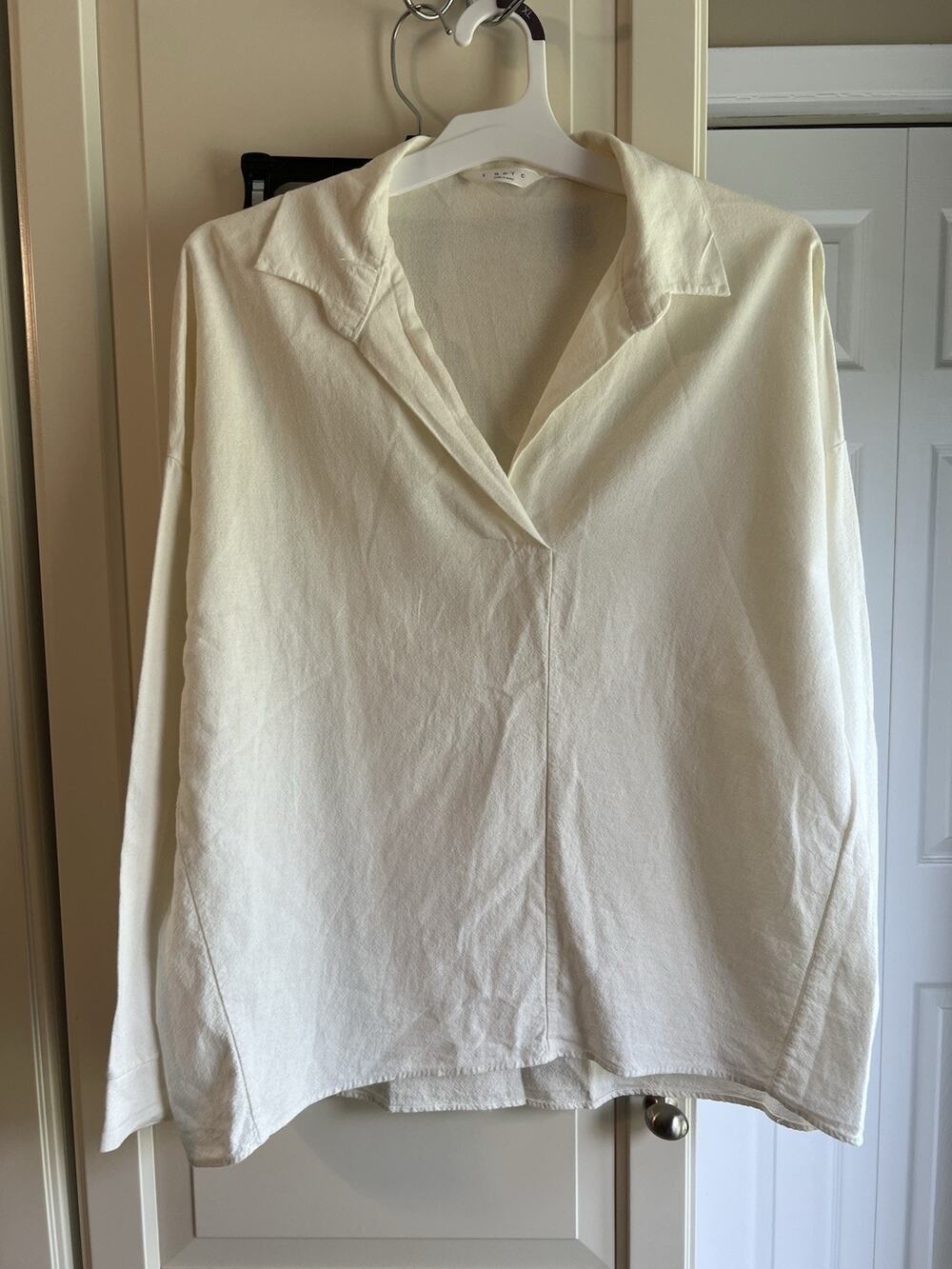 Ivory Effortless Chic Oversized Tunic Shirt Modern coastal ,V neck Large Korea